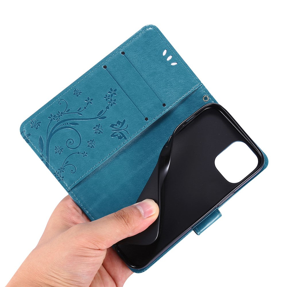 Imprint Butterfly Flower Leather Case with Strap for iPhone 12 mini