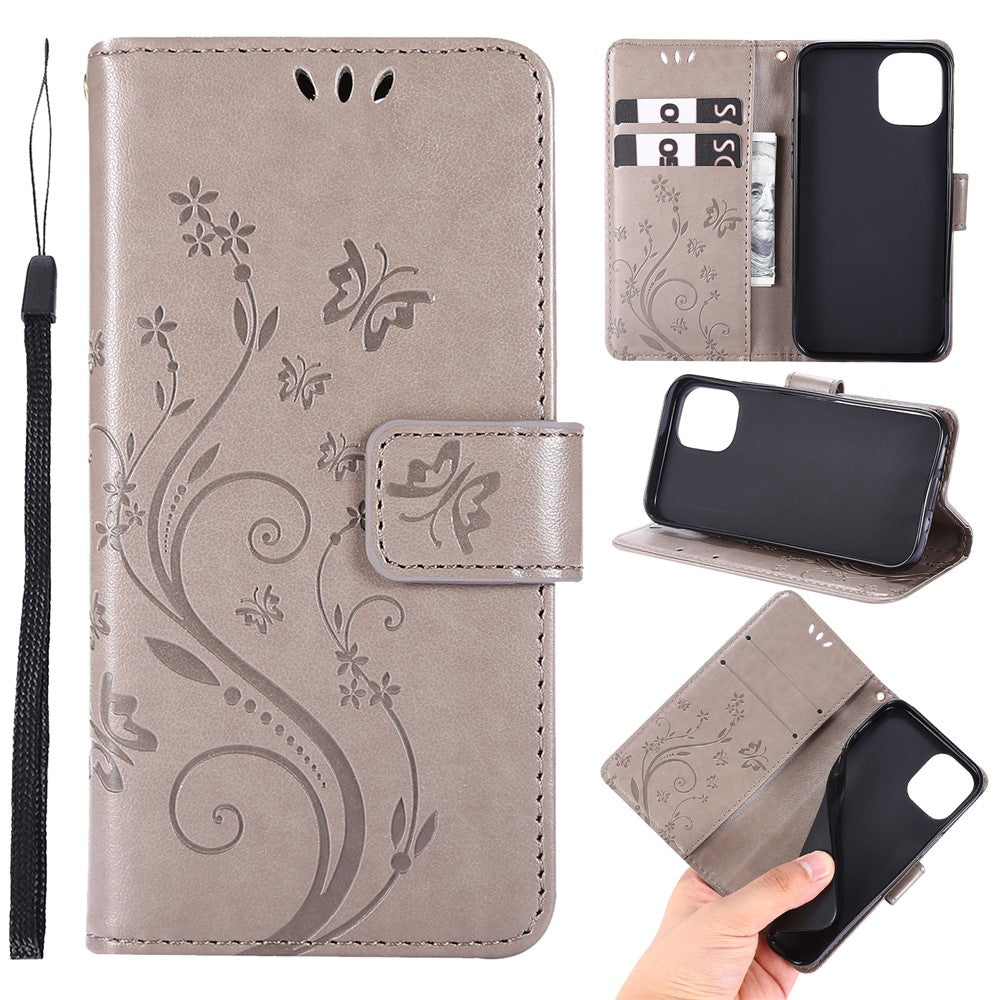 Imprint Butterfly Flower Leather Case with Strap for iPhone 12 mini