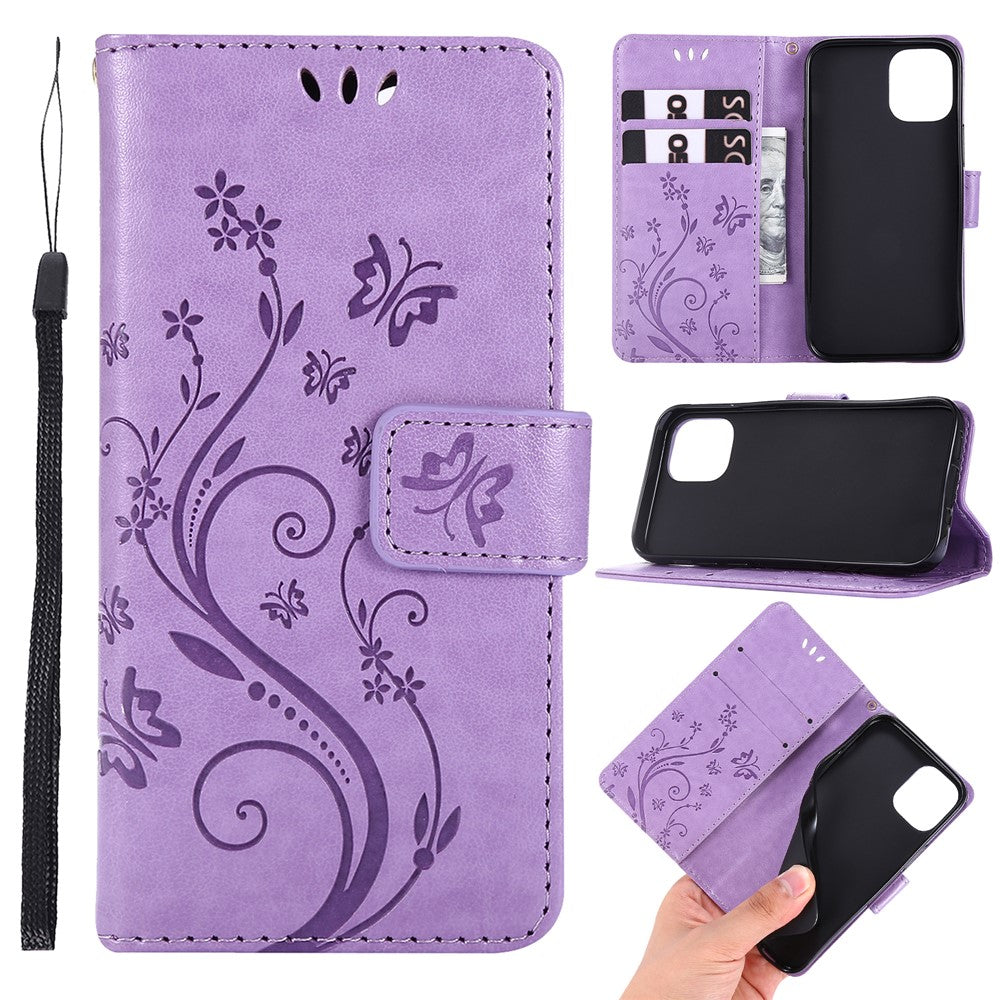 Imprint Butterfly Flower Leather Case with Strap for iPhone 12 mini