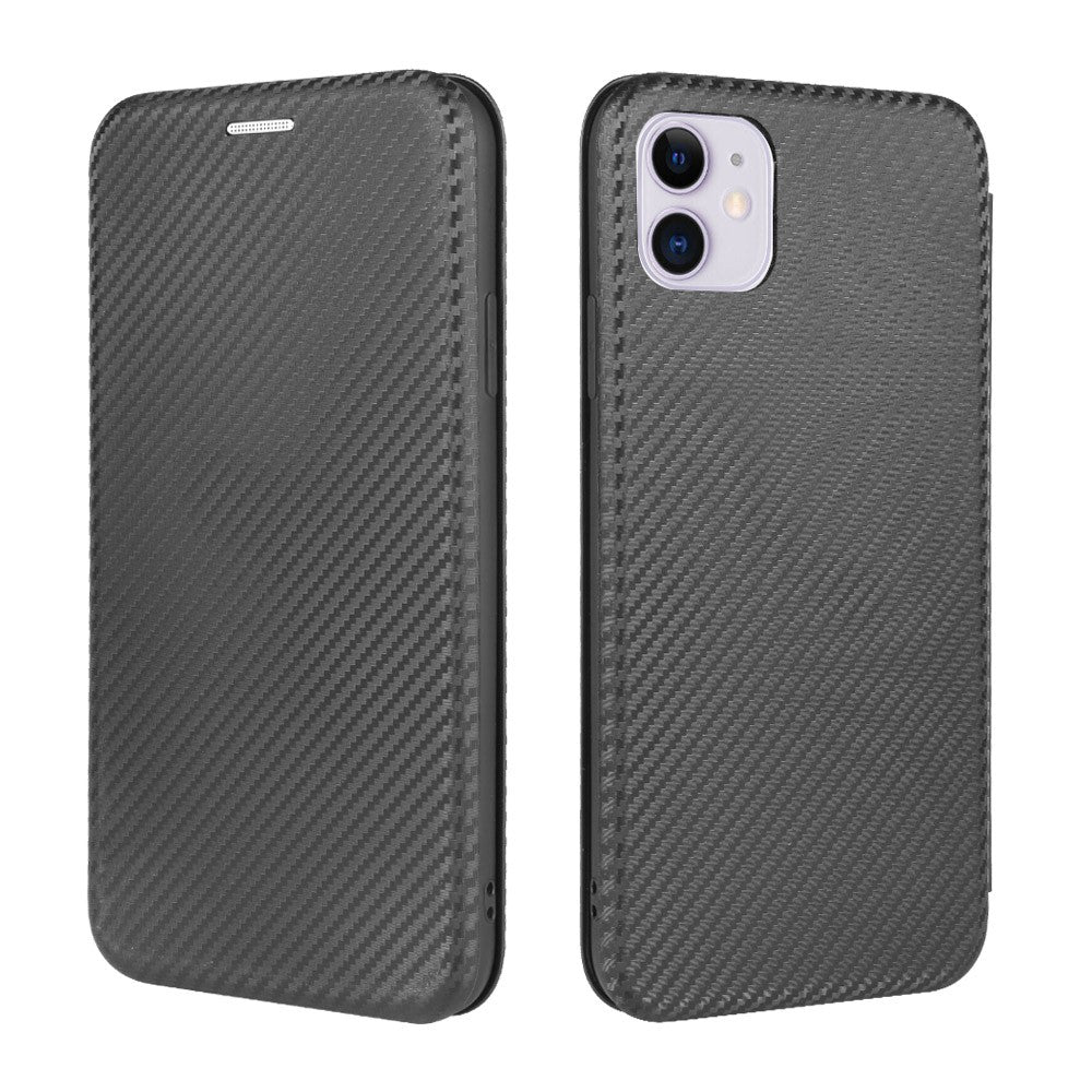 Lædercover til iPhone 12 Pro/12 med indbygget stander og kulfibertekstur