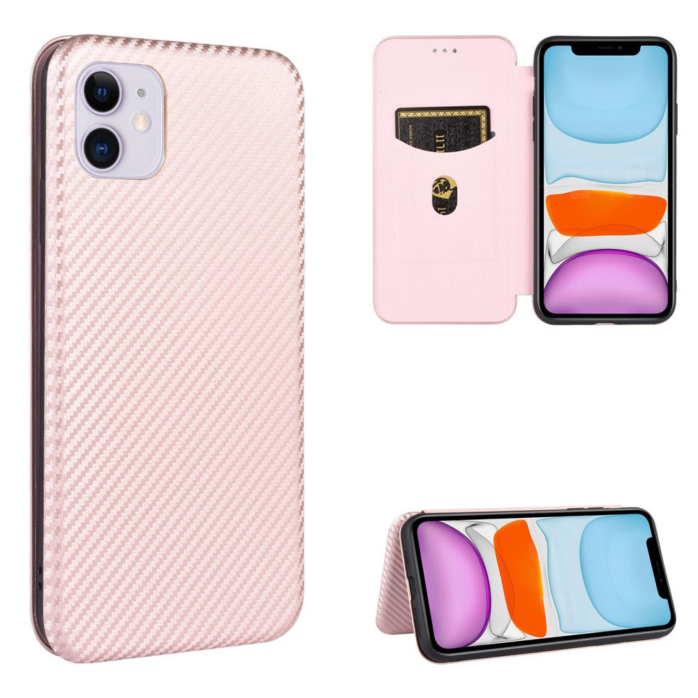 Lædercover til iPhone 12 Pro/12 med indbygget stander og kulfibertekstur