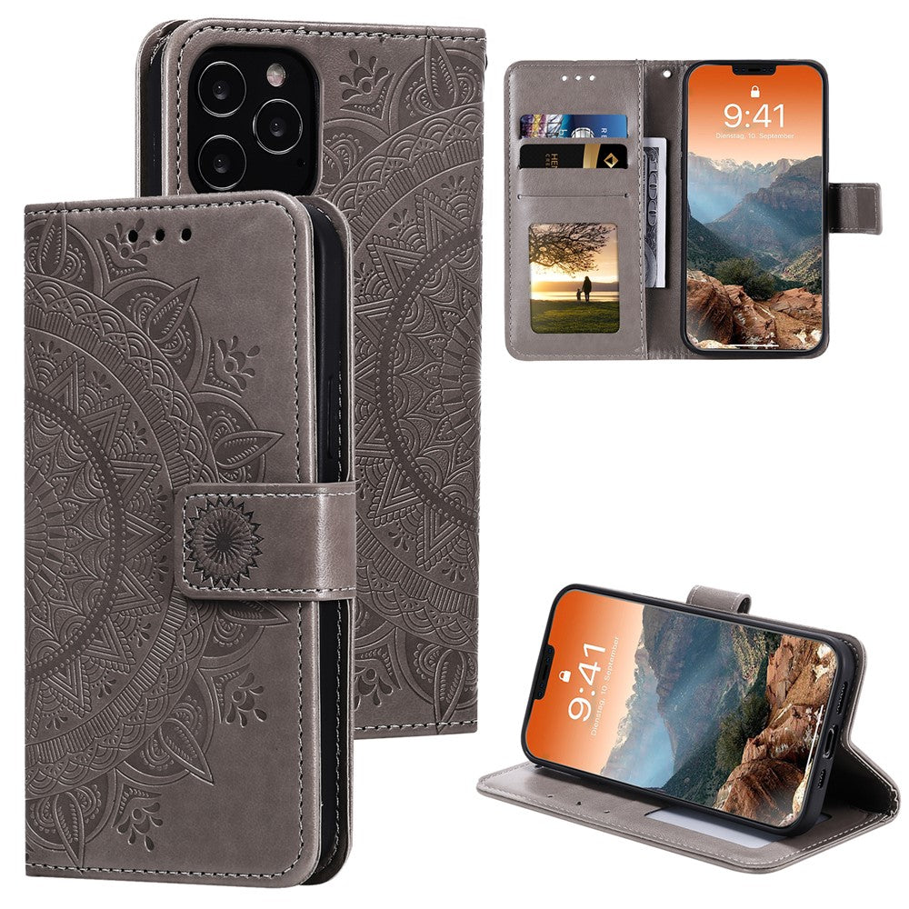 Imprinted Mandala Flower Wallet Leather Flip Cover with Strap for iPhone 12 Pro Max 6.7 inch