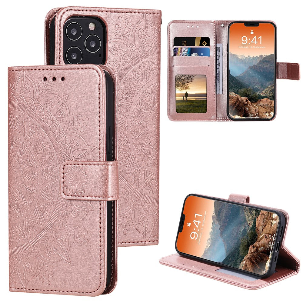 Imprinted Mandala Flower Wallet Leather Flip Cover with Strap for iPhone 12 Pro Max 6.7 inch