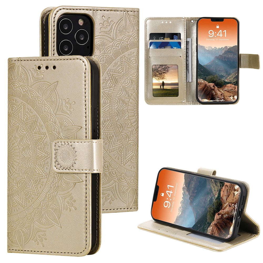 Imprinted Mandala Flower Wallet Leather Flip Cover with Strap for iPhone 12 Pro Max 6.7 inch