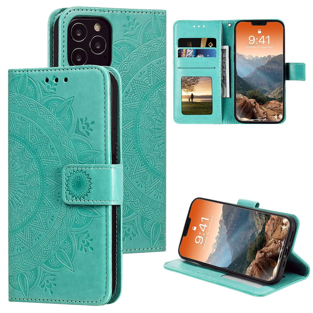 Imprinted Mandala Flower Wallet Leather Flip Cover with Strap for iPhone 12 Pro Max 6.7 inch