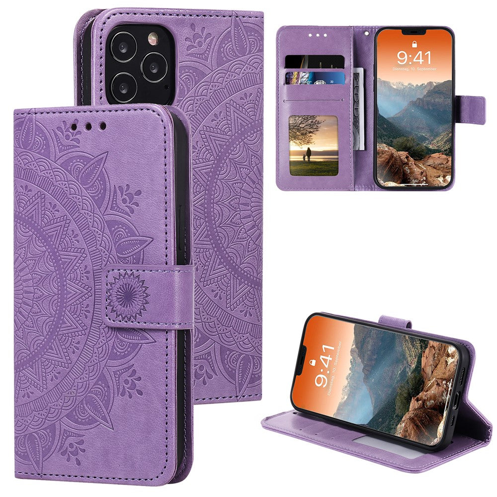 Imprinted Mandala Flower Wallet Leather Flip Cover with Strap for iPhone 12 Pro Max 6.7 inch