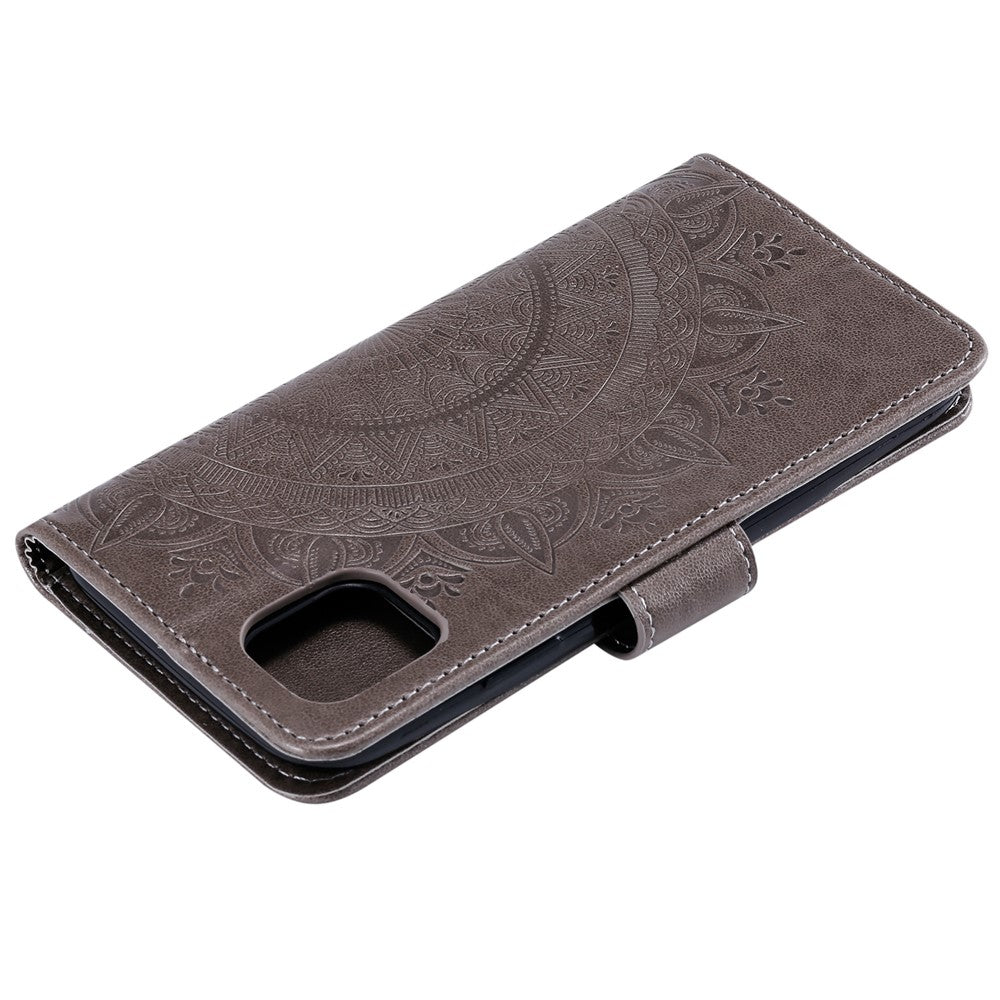 Imprinted Mandala Flower PU Leather Wallet Case Stand Magnetic Closure Flip Cover with Lanyard for iPhone 12 mini 5.4 inch- Cyan