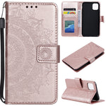 Imprinted Mandala Flower PU Leather Wallet Case Stand Magnetic Closure Flip Cover with Lanyard for iPhone 12 mini 5.4 inch- Cyan