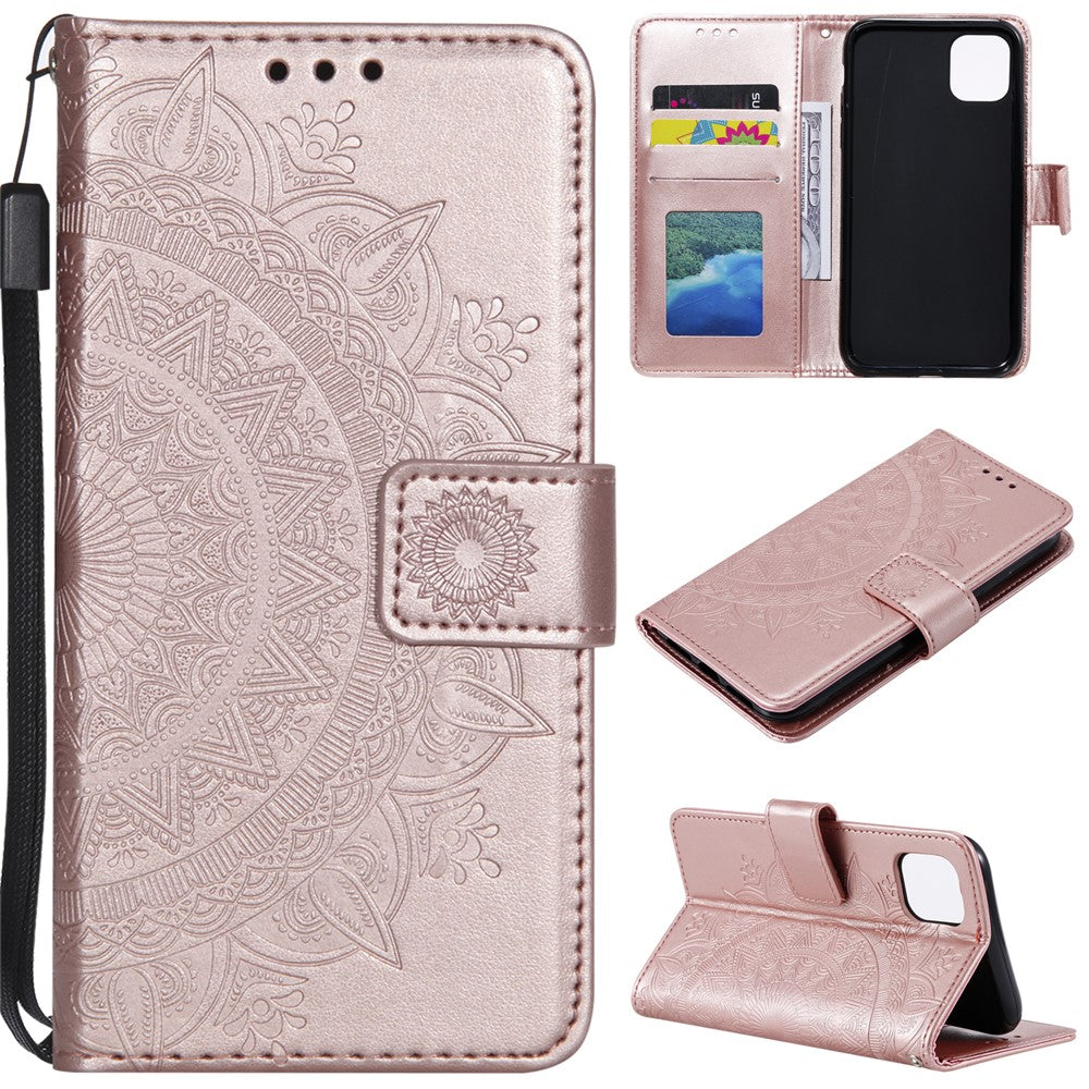 Imprinted Mandala Flower PU Leather Wallet Case Stand Magnetic Closure Flip Cover with Lanyard for iPhone 12 mini 5.4 inch- Cyan
