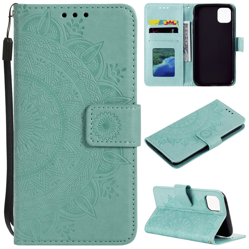 Imprinted Mandala Flower PU Leather Wallet Case Stand Magnetic Closure Flip Cover with Lanyard for iPhone 12 mini 5.4 inch- Cyan