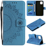 Imprinted Mandala Flower PU Leather Wallet Case Stand Magnetic Closure Flip Cover with Lanyard for iPhone 12 mini 5.4 inch- Cyan