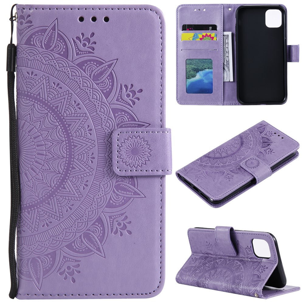 Imprinted Mandala Flower PU Leather Wallet Case Stand Magnetic Closure Flip Cover with Lanyard for iPhone 12 mini 5.4 inch- Cyan