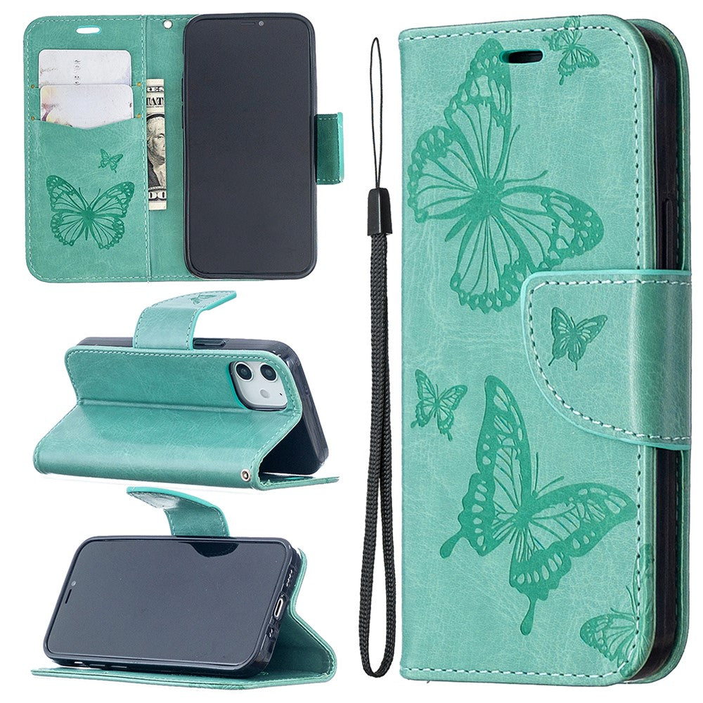 Imprint Butterfly Wallet Læder Stand Cover til iPhone 12 mini 5,4 tommer