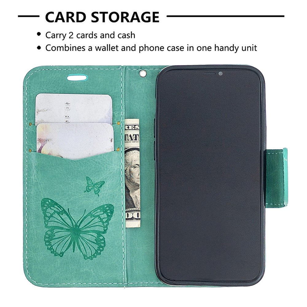 Imprint Butterfly Wallet Læder Stand Cover til iPhone 12 mini 5,4 tommer
