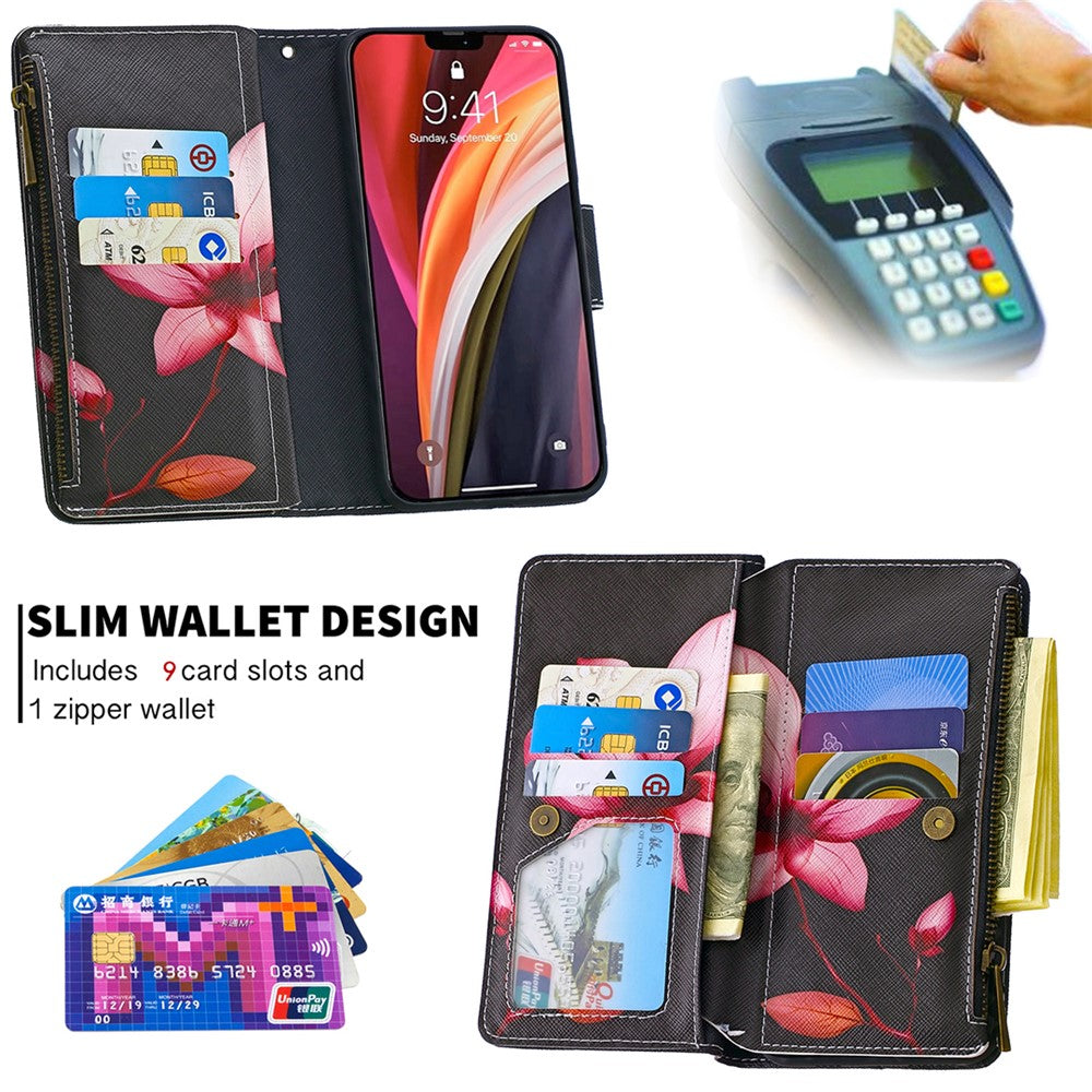 BF03 Mönstertryck Dragkedja Plånbok Läder mobilskal för iPhone 12 Pro/12