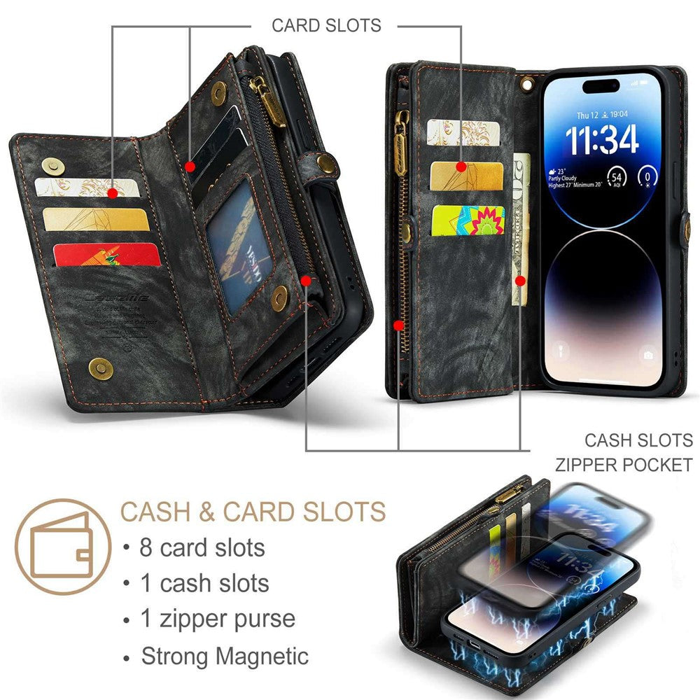 CASEME 008 Series til iPhone 12 Lynlåslomme Telefonetui Pung Stativ TPU+PU Læder Magnetisk Aftageligt Cover