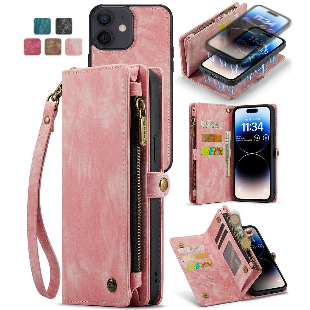 CASEME 008 Series til iPhone 12 Lynlåslomme Telefonetui Pung Stativ TPU+PU Læder Magnetisk Aftageligt Cover