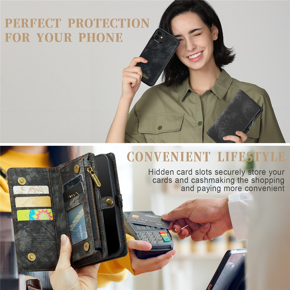 CASEME 008 Series PU Leather Magnetic Multi-function Zipper Wallet Detachable Stand Case for iPhone 12 mini 5.4 inch