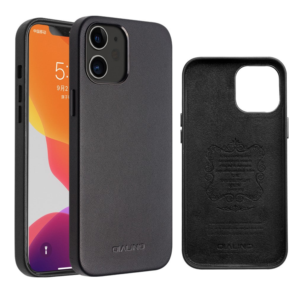 QIALINO Kalveskindslæderbelagt PC-cover til iPhone 12 mini 5,4 tommer, Ridsefast beskyttende telefoncover