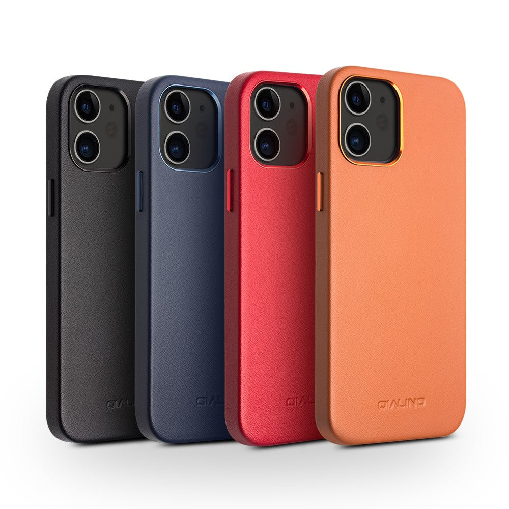 QIALINO Kalveskindslæderbelagt PC-cover til iPhone 12 mini 5,4 tommer, Ridsefast beskyttende telefoncover