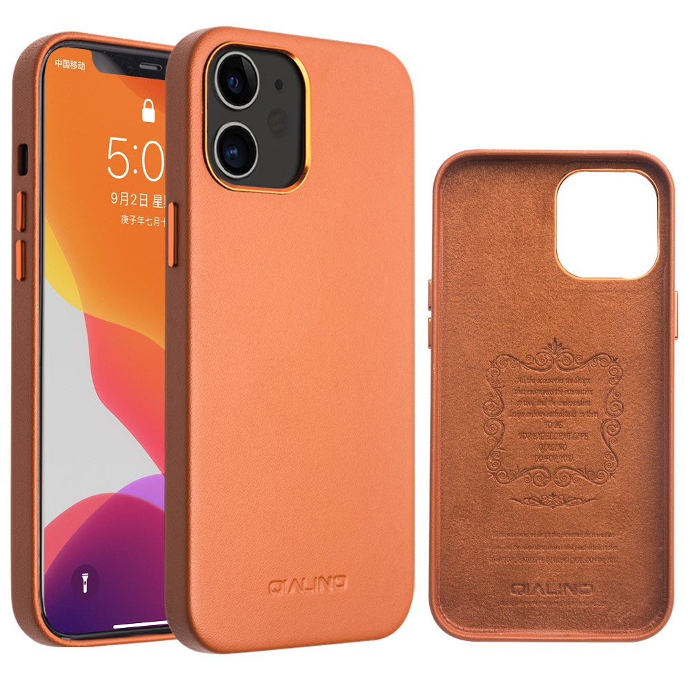 QIALINO Kalveskindslæderbelagt PC-cover til iPhone 12 mini 5,4 tommer, Ridsefast beskyttende telefoncover