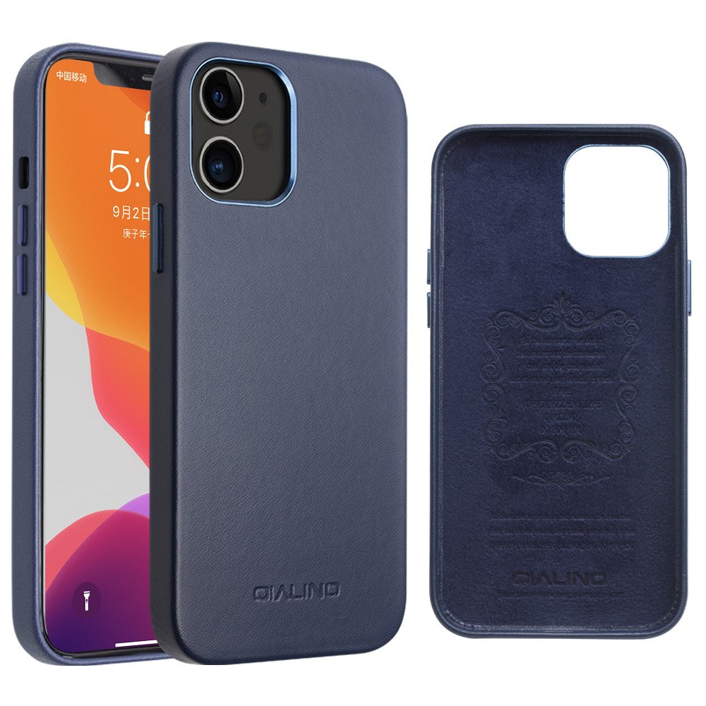 QIALINO Kalveskindslæderbelagt PC-cover til iPhone 12 mini 5,4 tommer, Ridsefast beskyttende telefoncover