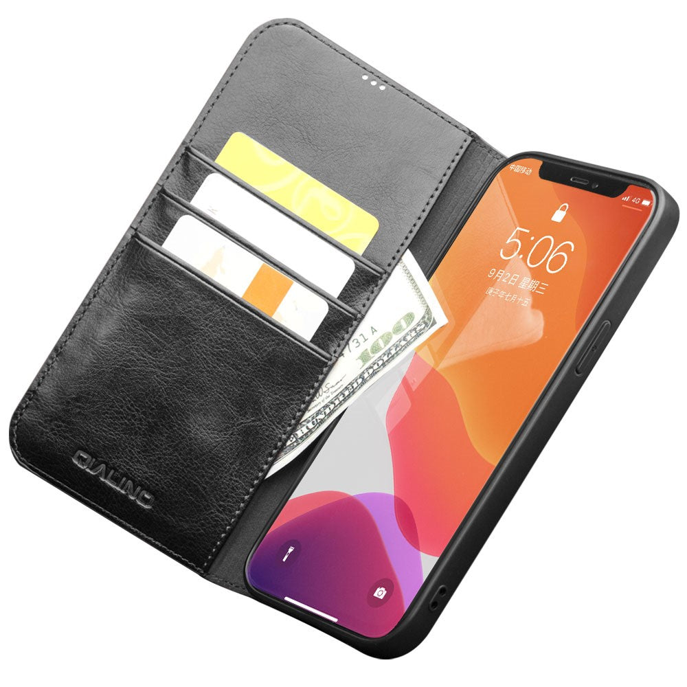 QIALINO Til iPhone 12 Pro Max 6.7 tommer Ægte Koskind Læder Telefoncover Pung Stander Stødsikkert Beskyttelsescover