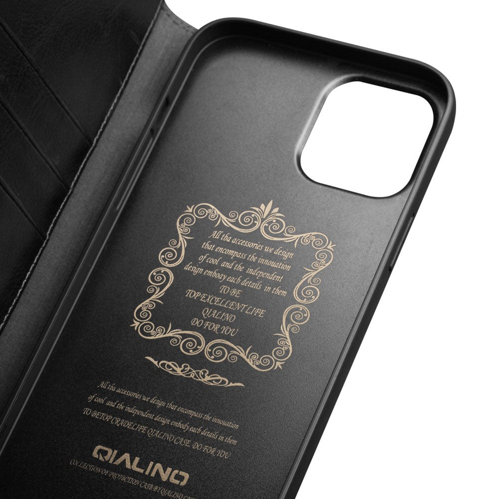 QIALINO Til iPhone 12 Pro Max 6.7 tommer Ægte Koskind Læder Telefoncover Pung Stander Stødsikkert Beskyttelsescover