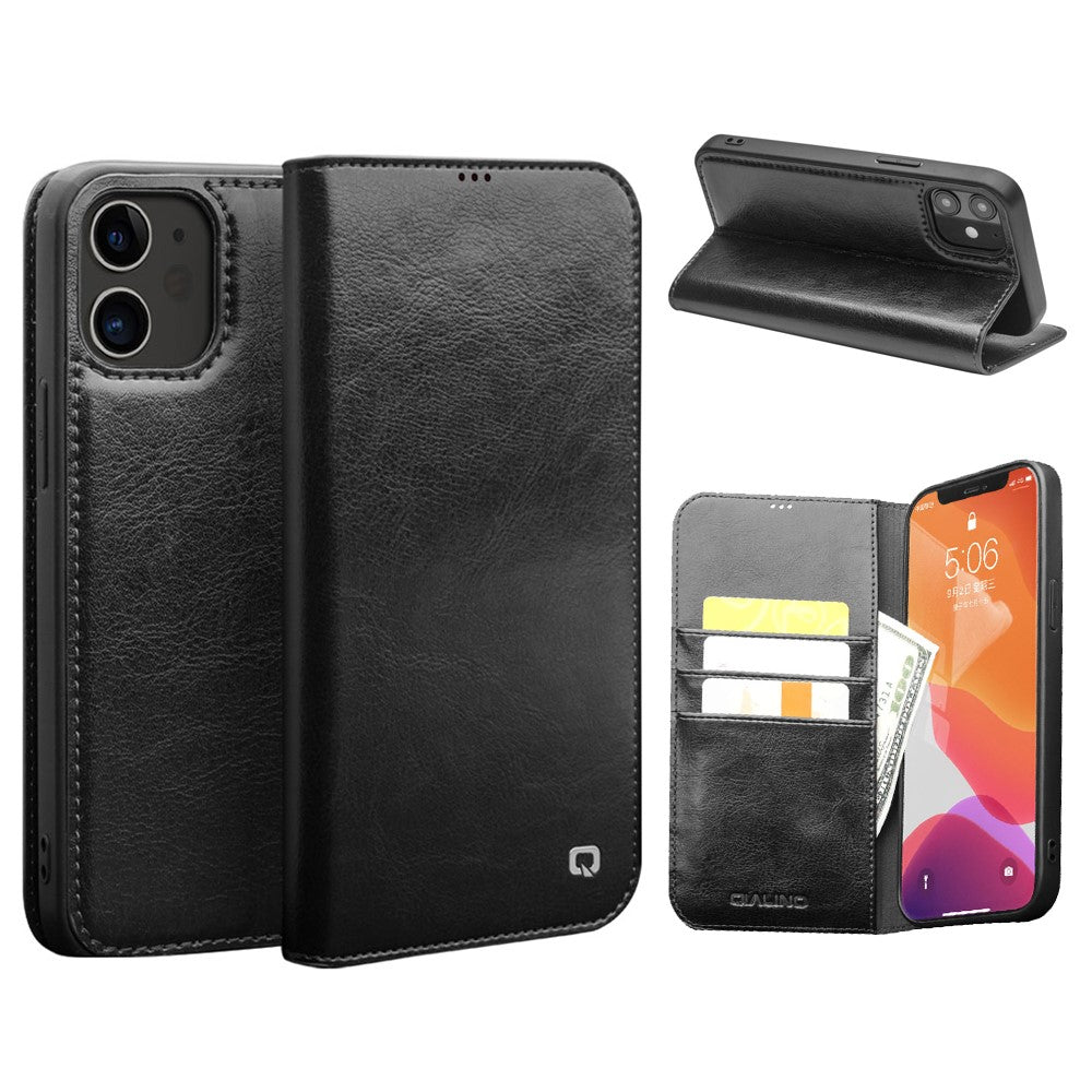 QIALINO For iPhone 12 / 12 Pro Genuine Cow Leather Wallet Case Folio Book Stand Flip Phone Cover