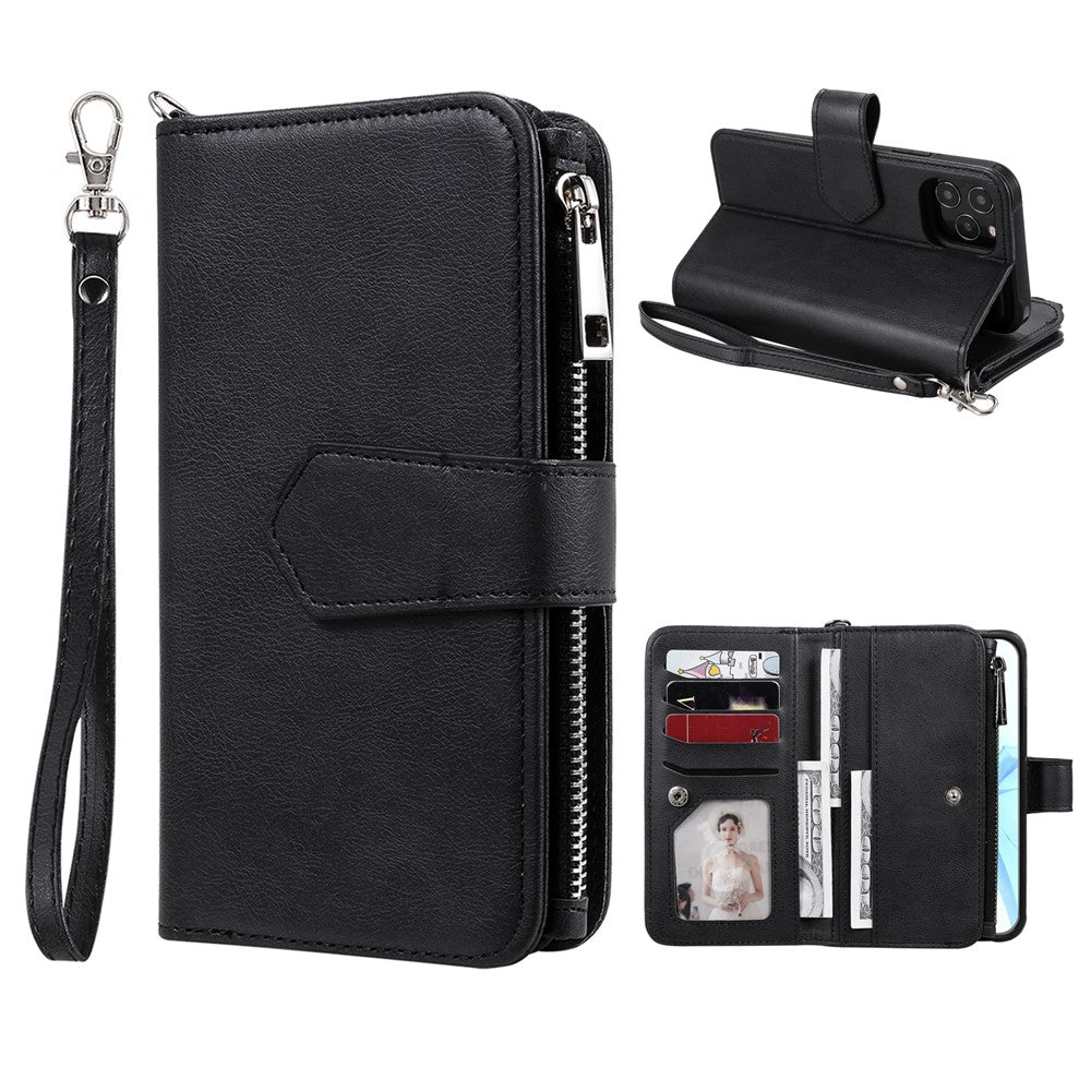 Til iPhone 12 / 12 Pro magnetisk lædercover mobilcover med aftagelig lynlåspung og rem
