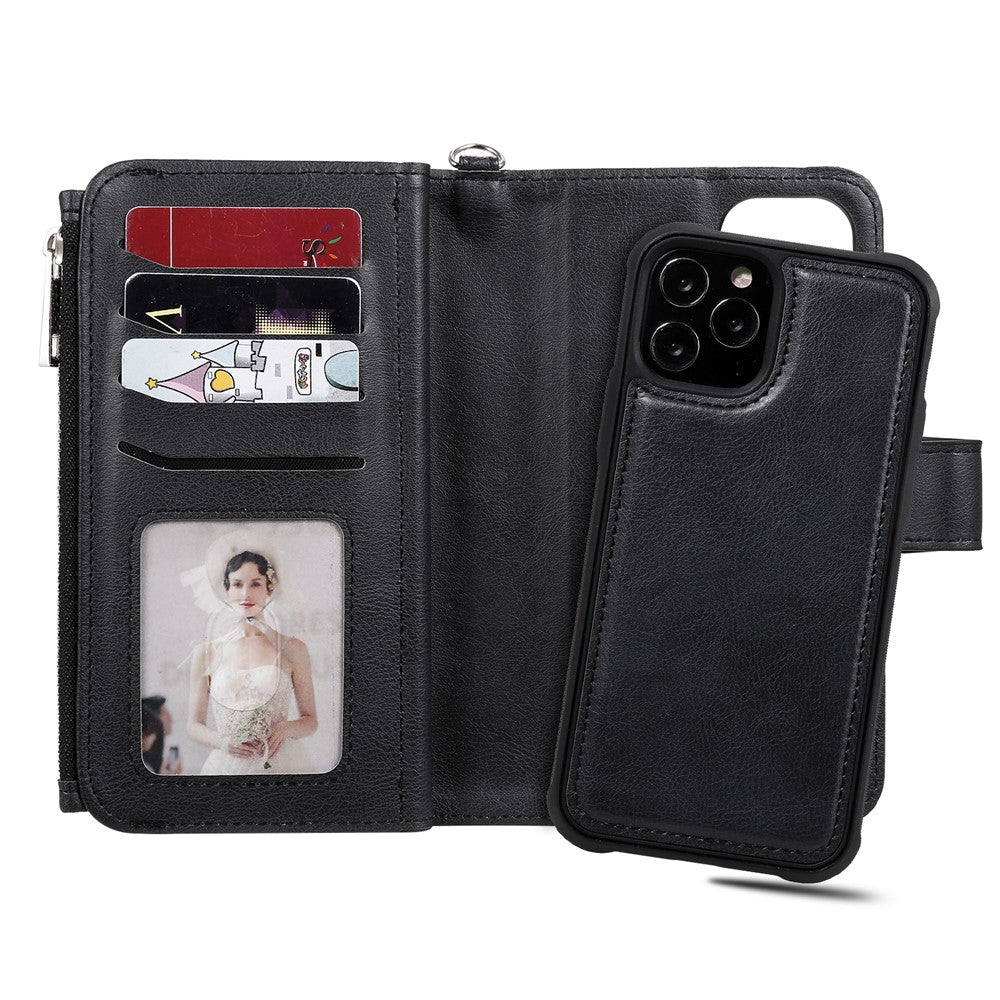 Til iPhone 12 / 12 Pro magnetisk lædercover mobilcover med aftagelig lynlåspung og rem