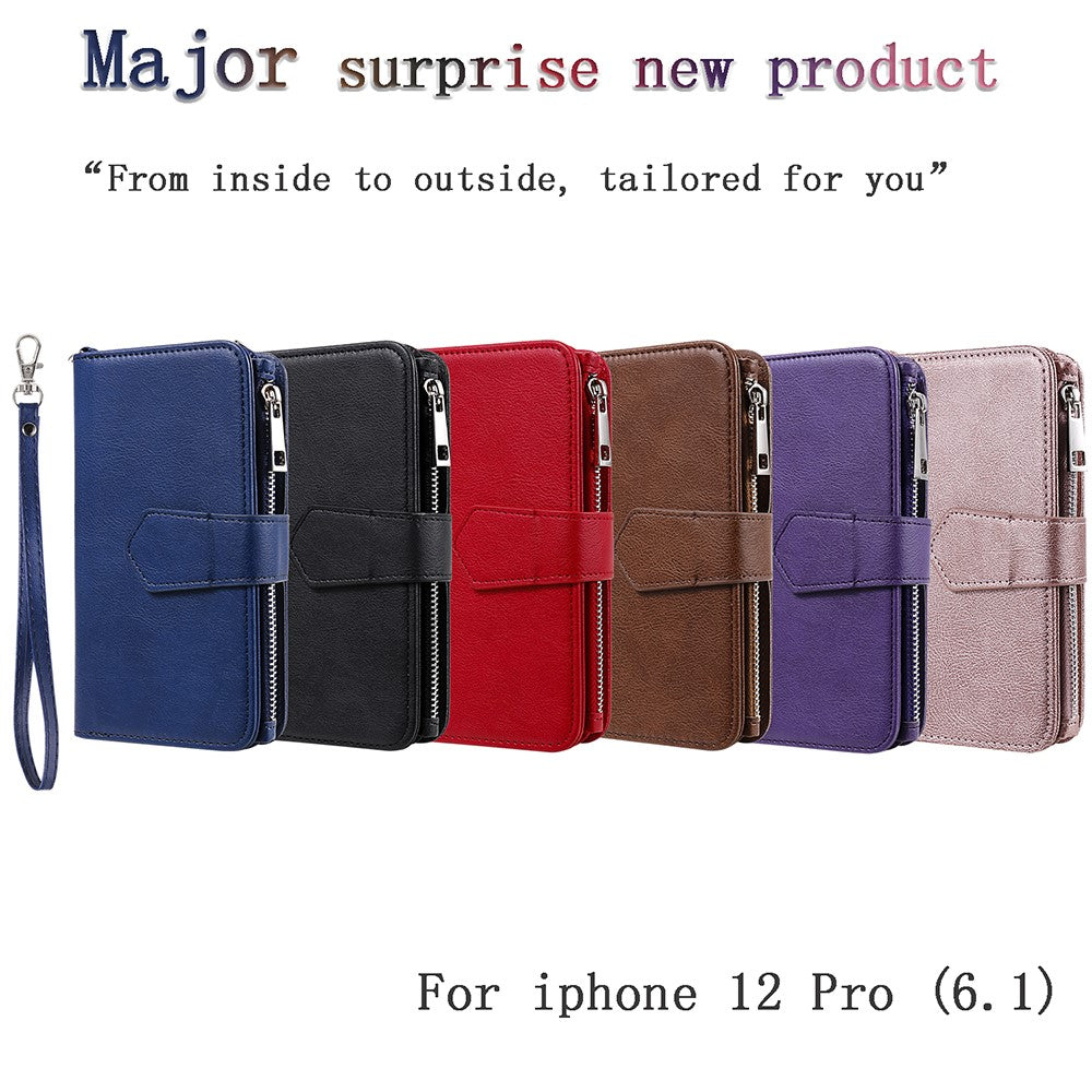 Til iPhone 12 / 12 Pro magnetisk lædercover mobilcover med aftagelig lynlåspung og rem