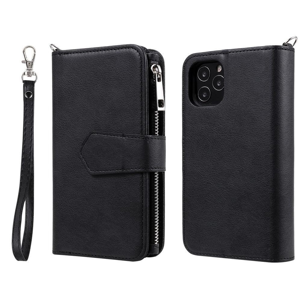 Til iPhone 12 / 12 Pro magnetisk lædercover mobilcover med aftagelig lynlåspung og rem