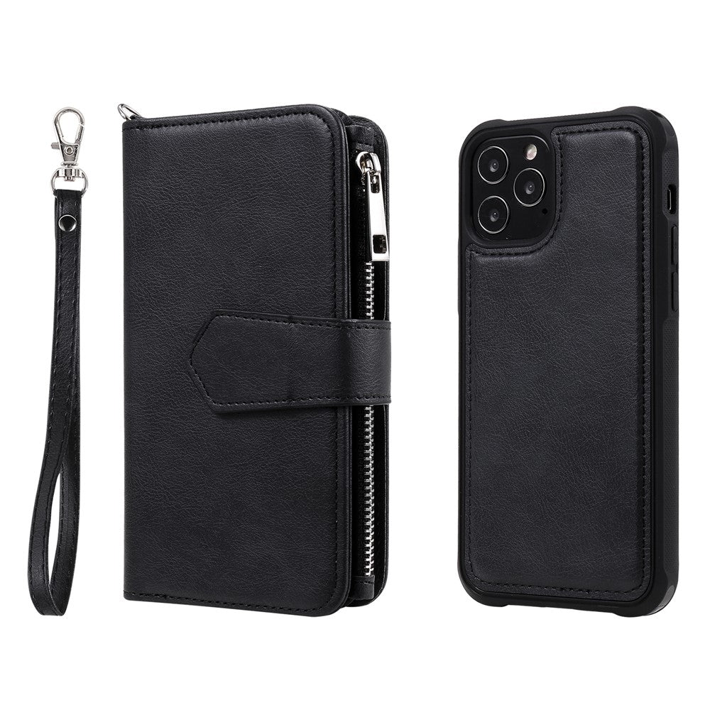Til iPhone 12 / 12 Pro magnetisk lædercover mobilcover med aftagelig lynlåspung og rem