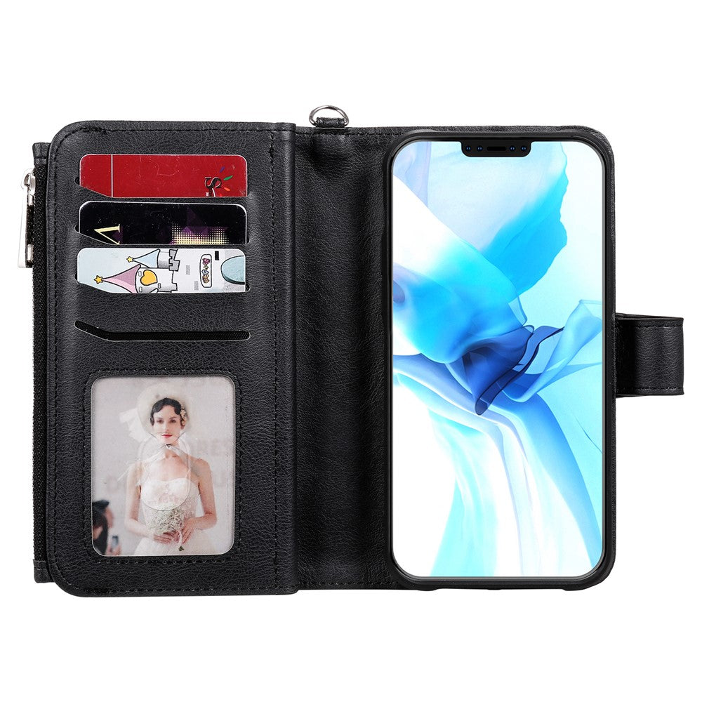 Til iPhone 12 / 12 Pro magnetisk lædercover mobilcover med aftagelig lynlåspung og rem