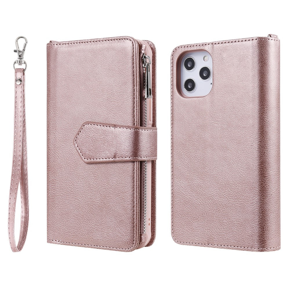For iPhone 12 Pro Max Magnetic Leather Case Mobile Cover with Detachable Zipper Wallet Strap