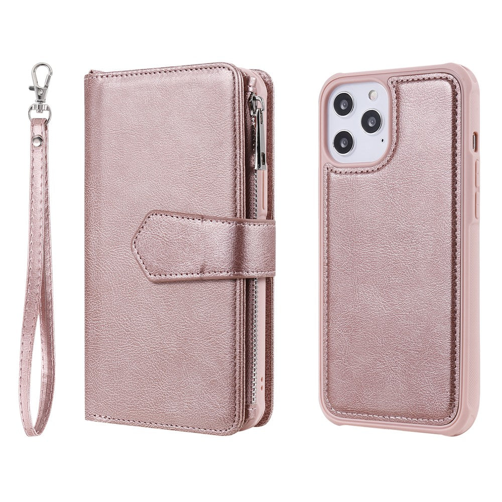 For iPhone 12 Pro Max Magnetic Leather Case Mobile Cover with Detachable Zipper Wallet Strap