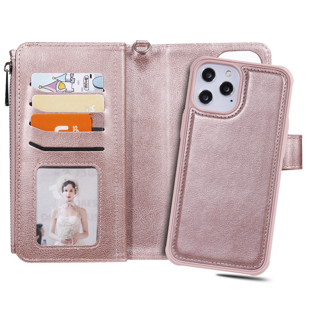For iPhone 12 Pro Max Magnetic Leather Case Mobile Cover with Detachable Zipper Wallet Strap