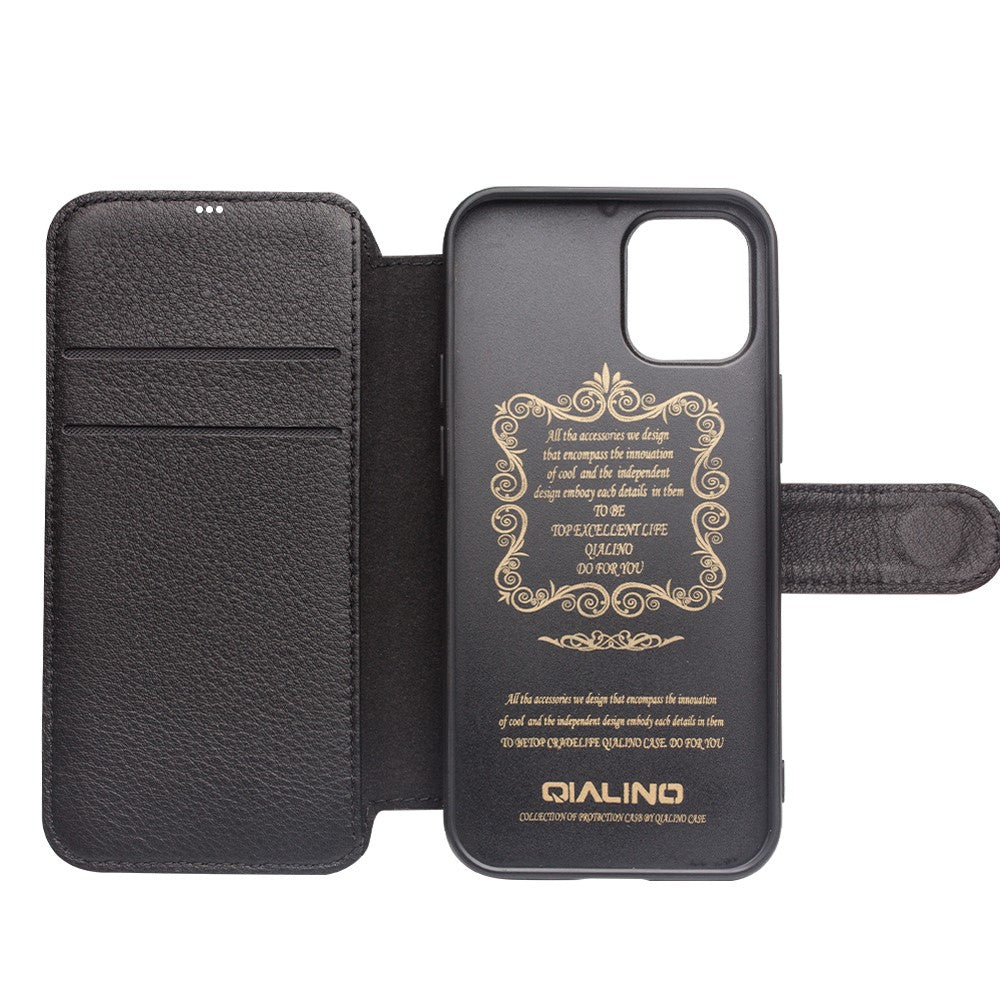 QIALINO Commercial Magnetic Clasp Top Cowhide Leather Case for iPhone 12 mini Cover