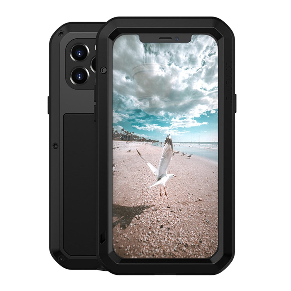 LOVE MEI Metall + Silikon Stötsäkert Falltåligt Dammtät Skal med Härdat Glasfilm för iPhone 12 Pro Skyddsfodral