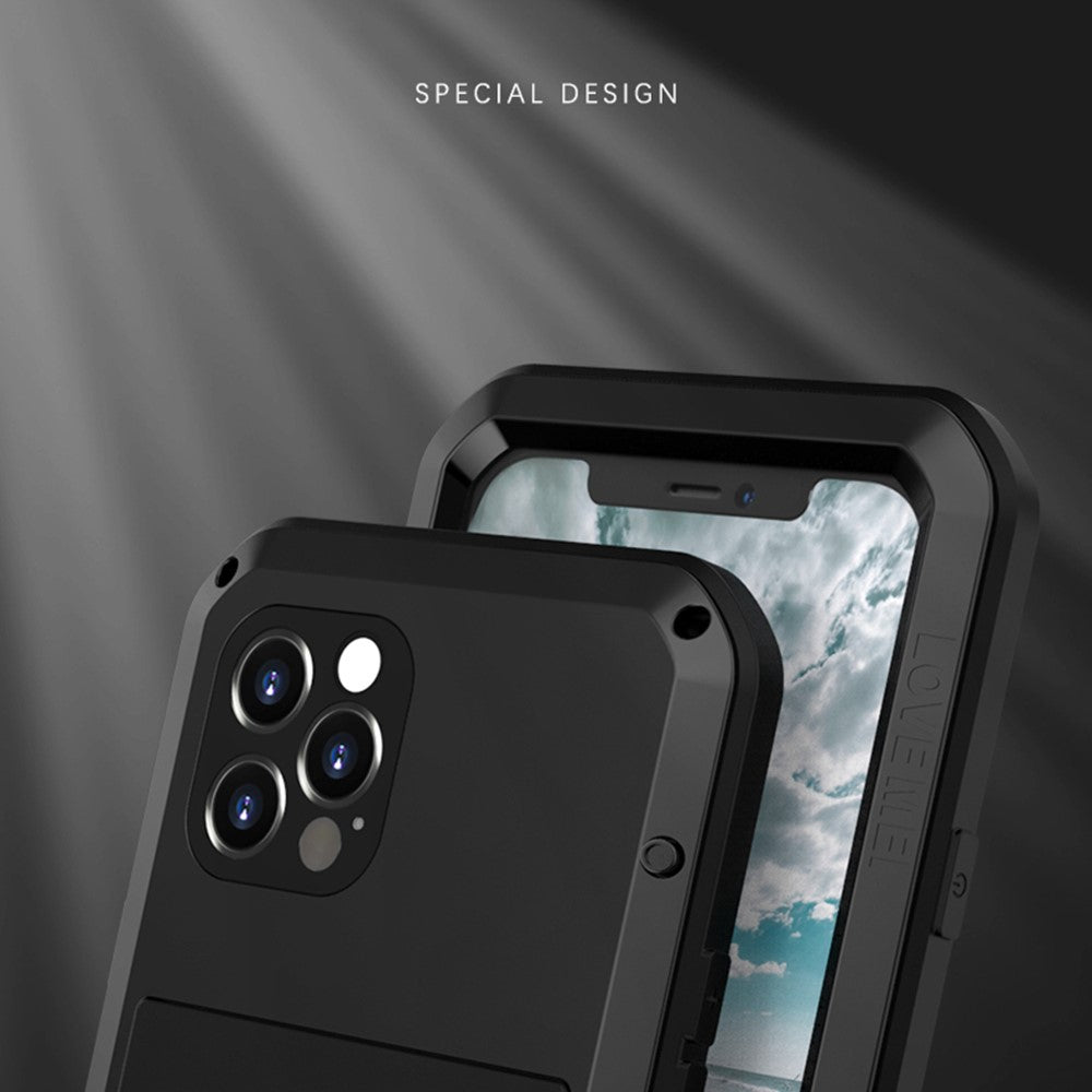 LOVE MEI Metall + Silikon Stötsäkert Falltåligt Dammtät Skal med Härdat Glasfilm för iPhone 12 Pro Skyddsfodral