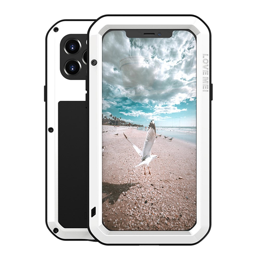 LOVE MEI Metall + Silikon Stötsäkert Falltåligt Dammtät Skal med Härdat Glasfilm för iPhone 12 Pro Skyddsfodral