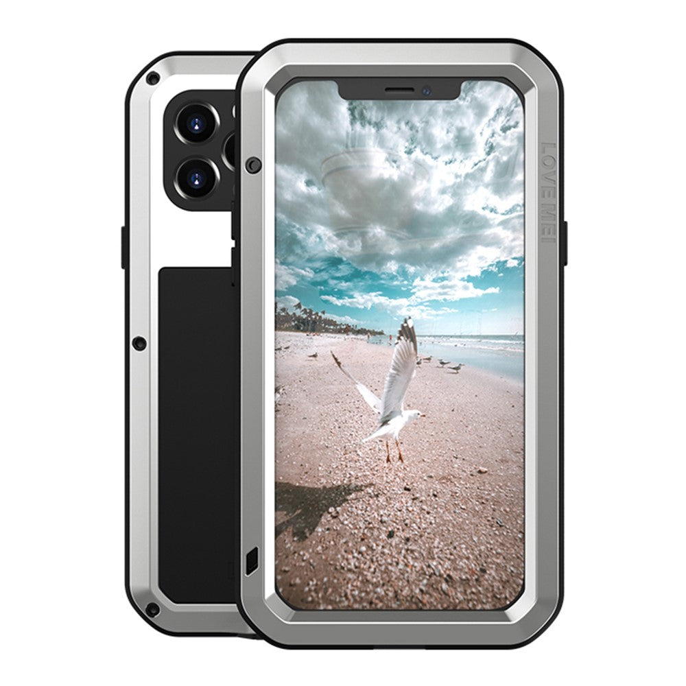 LOVE MEI Metall + Silikon Stötsäkert Falltåligt Dammtät Skal med Härdat Glasfilm för iPhone 12 Pro Skyddsfodral