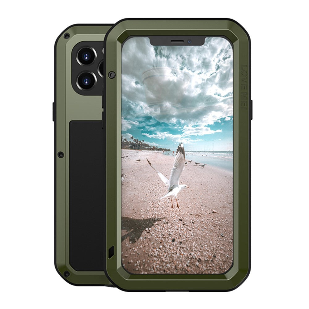LOVE MEI Metall + Silikon Stötsäkert Falltåligt Dammtät Skal med Härdat Glasfilm för iPhone 12 Pro Skyddsfodral