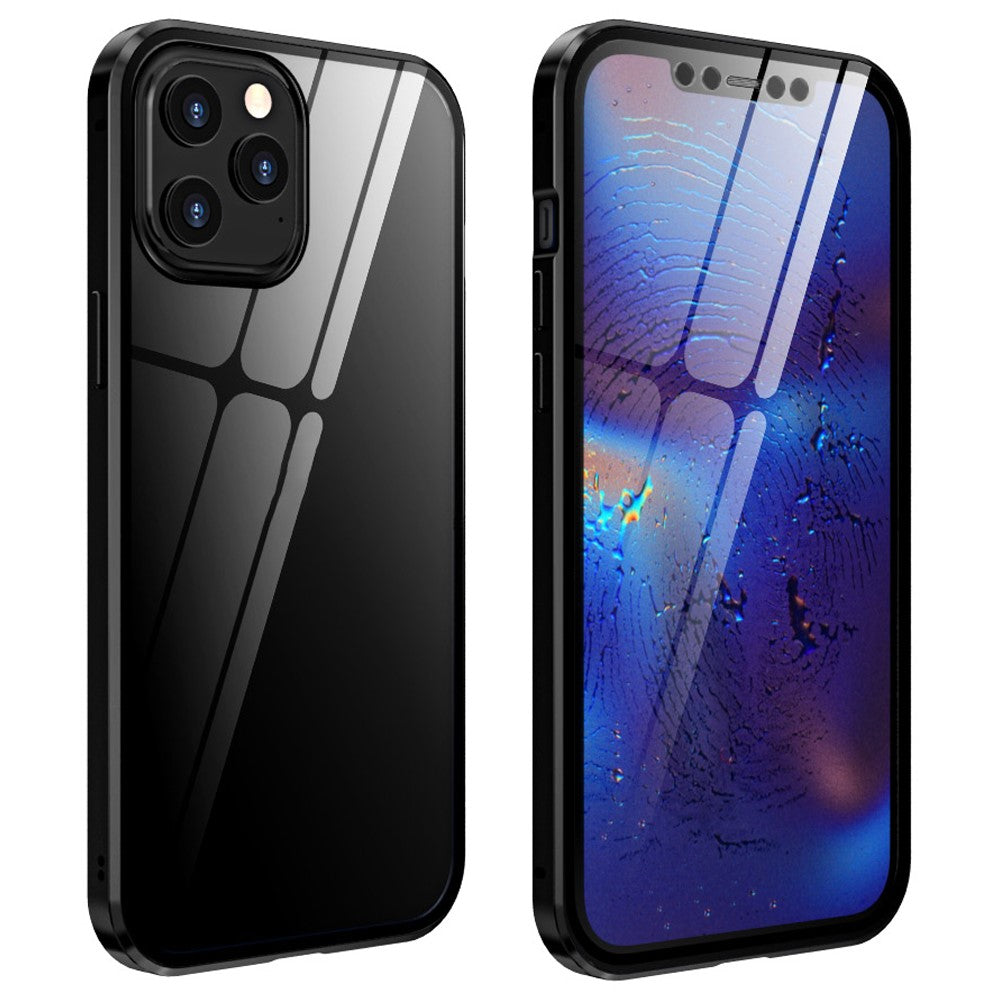 For iPhone 12 Pro Max Shell Magnetic Installation Metal Edge + Double-sided Tempered Glass Cover