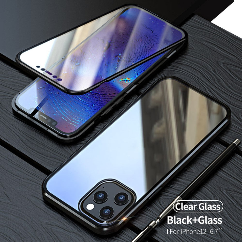 For iPhone 12 Pro Max Shell Magnetic Installation Metal Edge + Double-sided Tempered Glass Cover