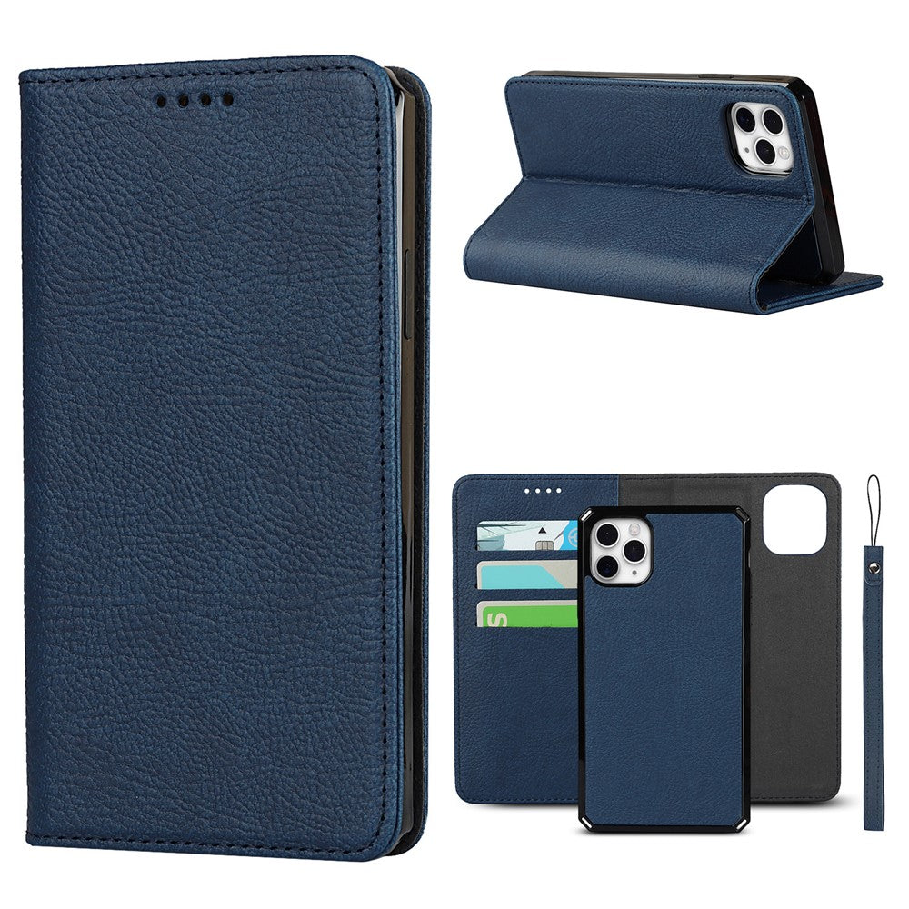 Litchi Skin Stand Ægte Læder TPU Beskyttelsescover til iPhone 11 Pro Max Aftageligt Cover