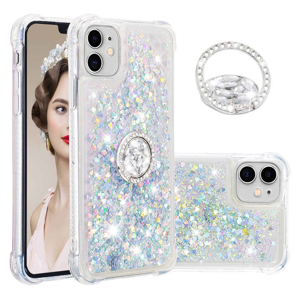 Stødsikkert Glitter Quicksand Ring Støtteben TPU Telefonbeskyttelsescover til iPhone 11 6.1 tommer