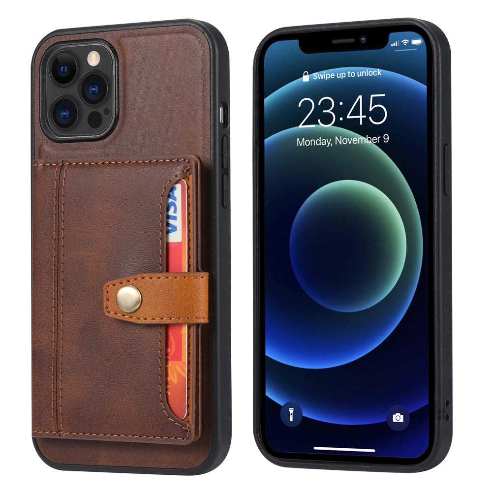 Fuld Beskyttelse PU Læderbelagt TPU Cover med Støttefod og Kortlommer til iPhone 12/12 Pro