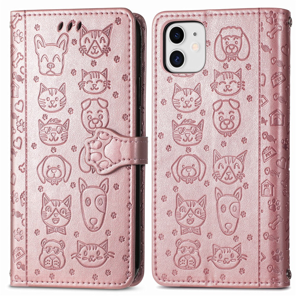 Prægning Kat Hund Mønster Design Magnetisk Læder Stand Etui til iPhone 11 6.1-tommer